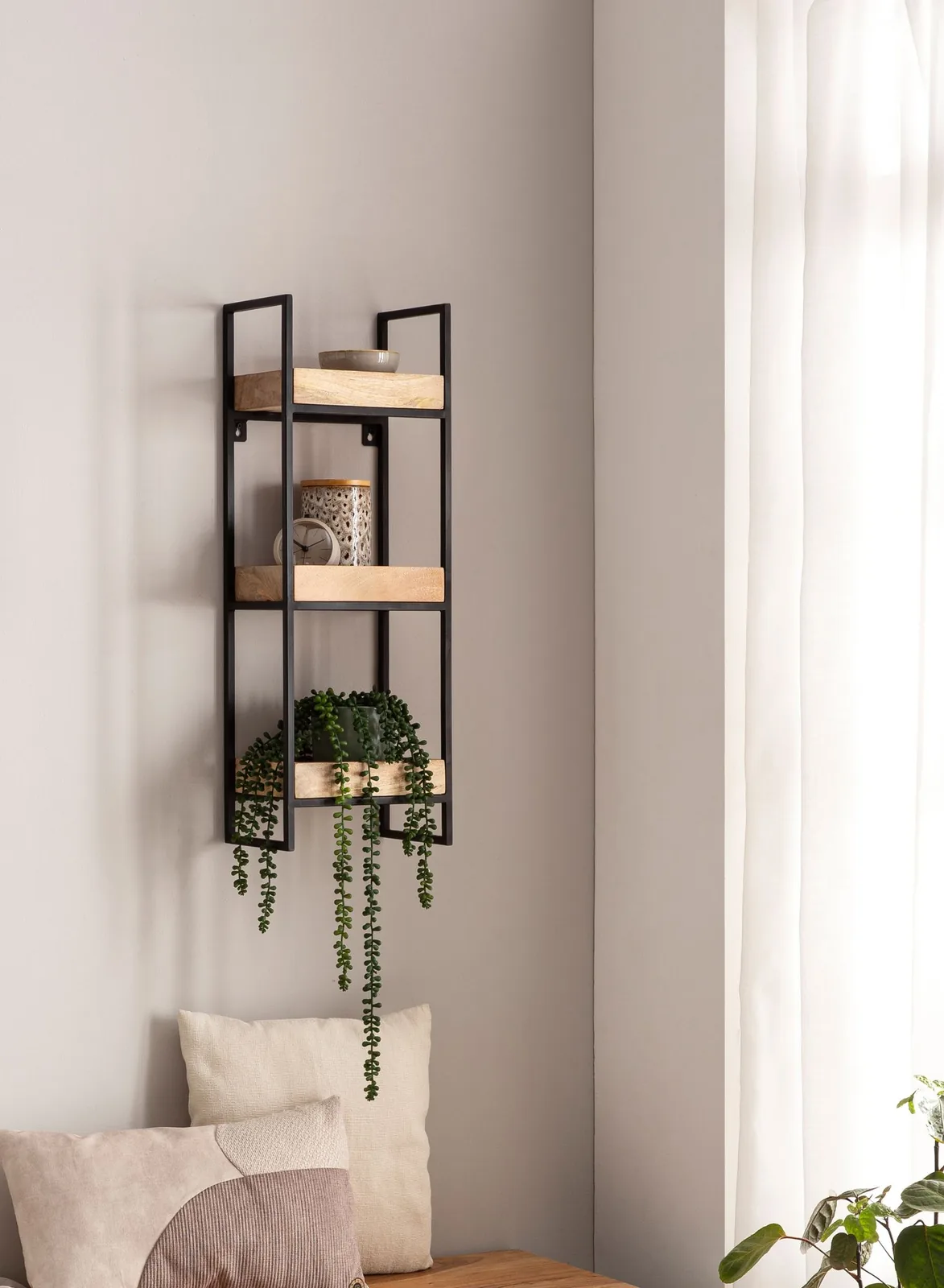 FineBuy Wandregal 27x77x18 cm Mango Massivholz / Metall Hängeregal Industrial, Design Schweberegal Rechteckig, Regal Hängend Wohnzimmer, Tablettregal Wand mit 3 Ablagen & Metallrahmen