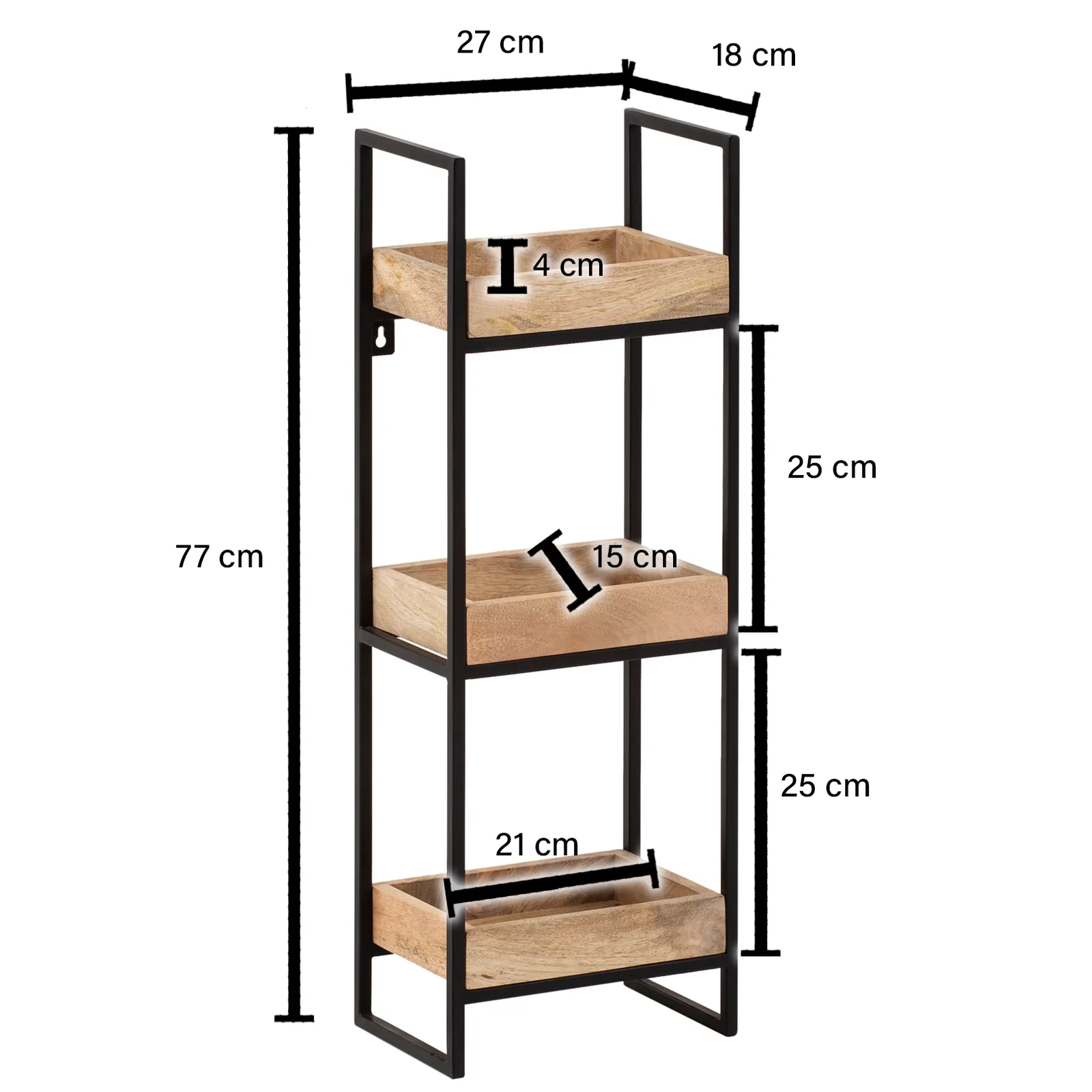 FineBuy Wandregal 27x77x18 cm Mango Massivholz / Metall Hängeregal Industrial, Design Schweberegal Rechteckig, Regal Hängend Wohnzimmer, Tablettregal Wand mit 3 Ablagen & Metallrahmen
