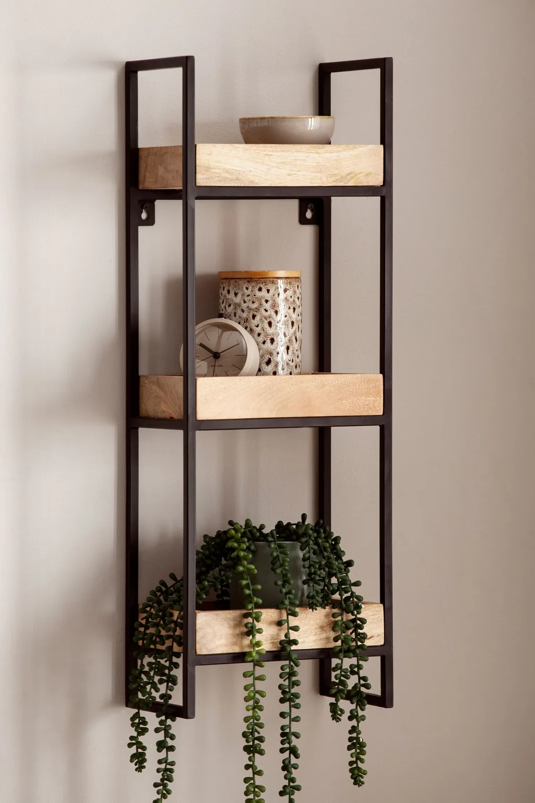 FineBuy Wandregal 27x77x18 cm Mango Massivholz / Metall Hängeregal Industrial, Design Schweberegal Rechteckig, Regal Hängend Wohnzimmer, Tablettregal Wand mit 3 Ablagen & Metallrahmen