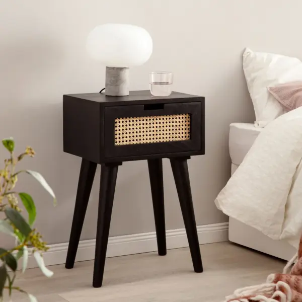 FineBuy Nachtkonsole Mango Massivholz Schwarz mit Rattan & Schublade – Nachttisch im Boho & Natur Design, Nachtkästchen für Boxspringbett, handgefertigt Wiener Geflecht – 40x60x30 cm