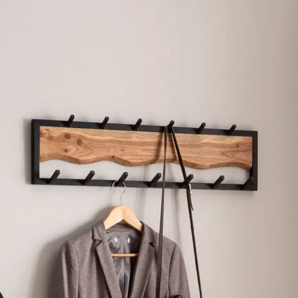 FineBuy Wandgarderobe Akazie Massivholz 80 cm - Garderobenpaneel massiv Holz - Wand Garderobenleiste Hakenleiste - 13 Metall Kleiderhaken