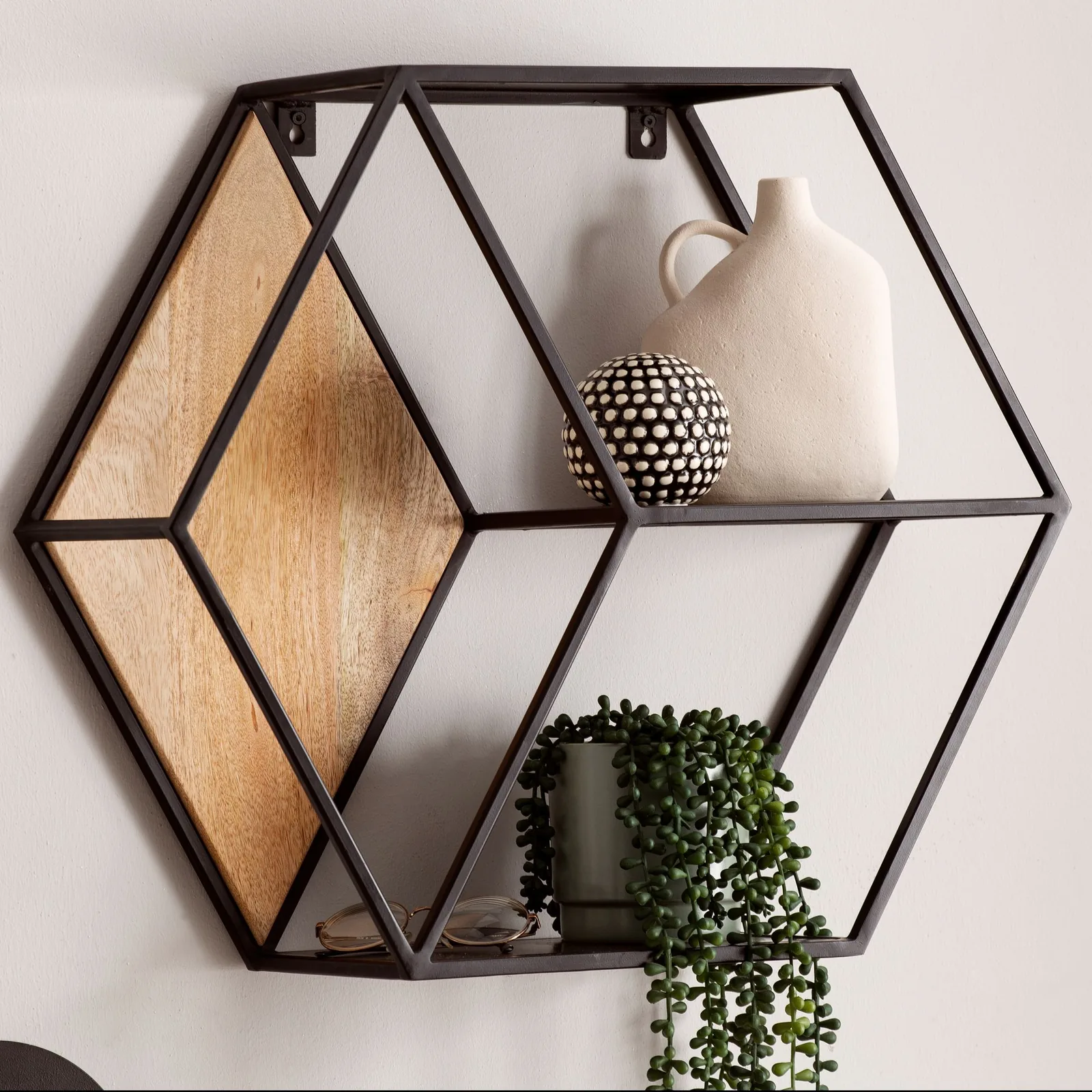 FineBuy Wandregal 60x52x20 cm Mango Massivholz / Metall Hängeregal Industrial, Design Schweberegal Sechseckig, Dekoregal Hängend Wabenform, Regal Wand mit 3 Ablagen