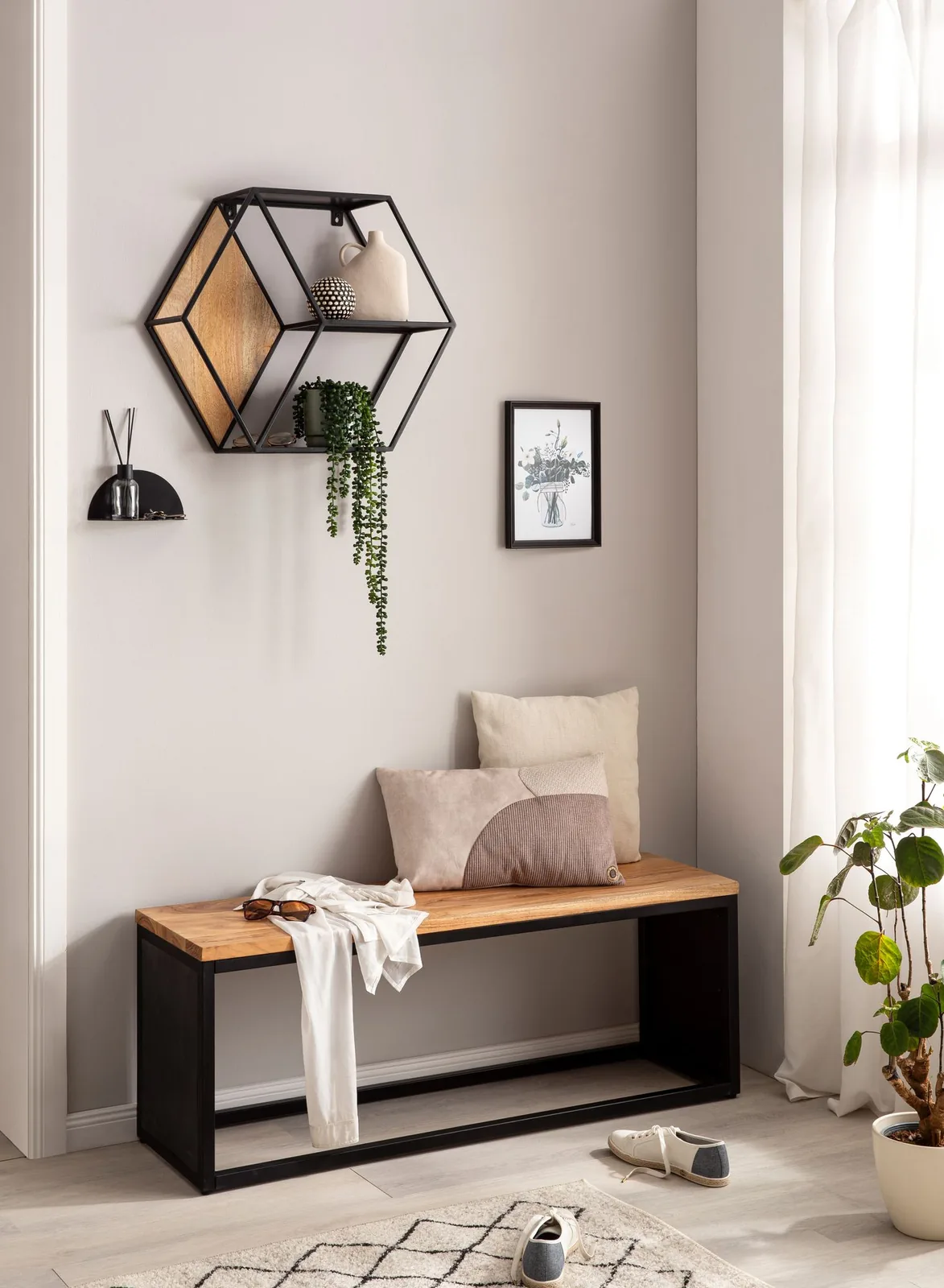 FineBuy Wandregal 60x52x20 cm Mango Massivholz / Metall Hängeregal Industrial, Design Schweberegal Sechseckig, Dekoregal Hängend Wabenform, Regal Wand mit 3 Ablagen