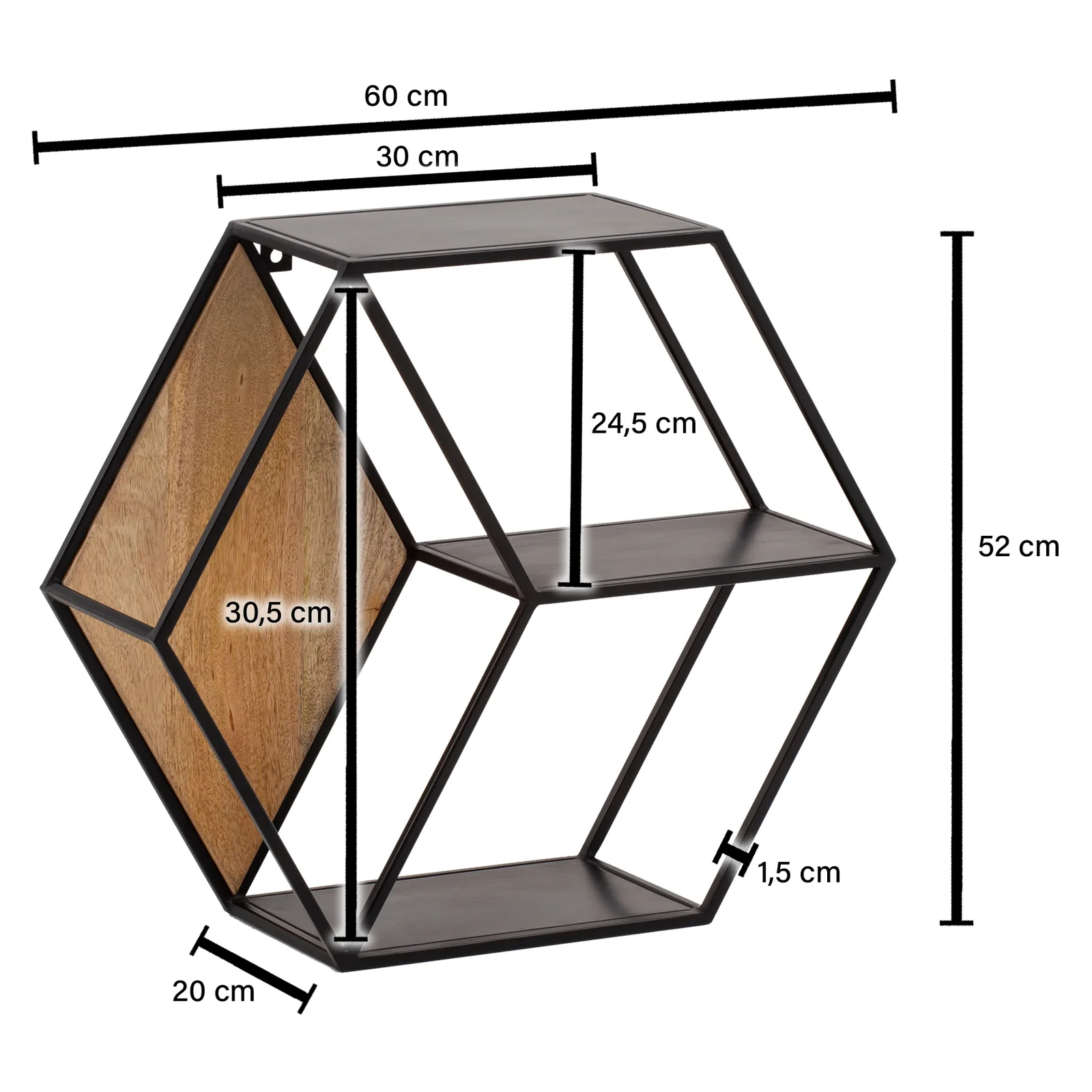 FineBuy Wandregal 60x52x20 cm Mango Massivholz / Metall Hängeregal Industrial, Design Schweberegal Sechseckig, Dekoregal Hängend Wabenform, Regal Wand mit 3 Ablagen