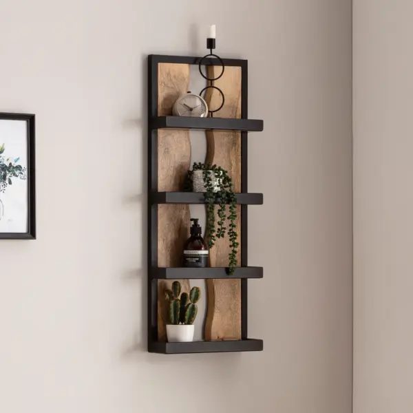 FineBuy Wandregal 30x80x10 cm Mango Massivholz / Metall Hängeregal Industrial, Design Schweberegal Rechteckig, Regal Hängend Wohnzimmer, Holzregal Wand mit 4 Ablagen & Wellenmuster