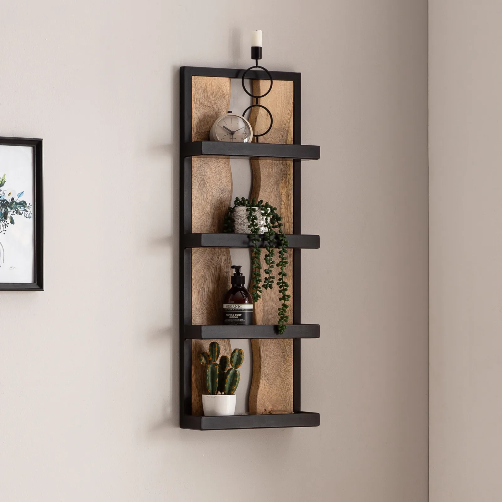 FineBuy Wandregal 30x80x10 cm Mango Massivholz / Metall Hängeregal Industrial, Design Schweberegal Rechteckig, Regal Hängend Wohnzimmer, Holzregal Wand mit 4 Ablagen & Wellenmuster
