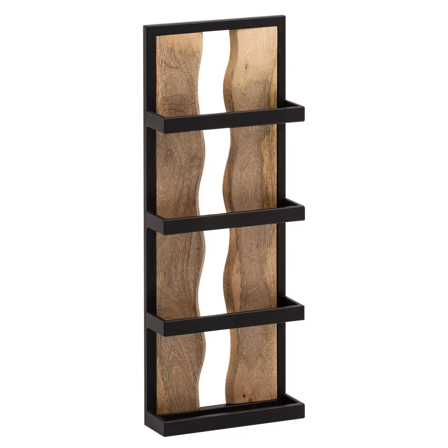 FineBuy Wandregal 30x80x10 cm Mango Massivholz / Metall Hängeregal Industrial, Design Schweberegal Rechteckig, Regal Hängend Wohnzimmer, Holzregal Wand mit 4 Ablagen & Wellenmuster