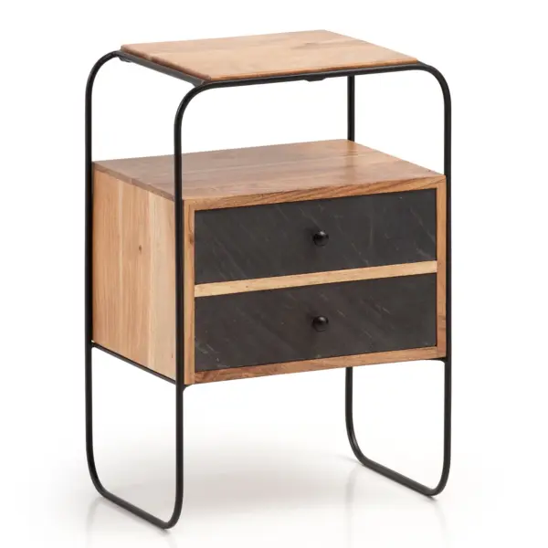 FineBuy Nachttisch Massivholz / Steinoptik 40x60x30 cm Nachtschrank Boxspringbett, Industrial Nachtkonsole mit 2 Schubladen & Ablagefläche, Nachtkommode Stauraum & Metallgestell