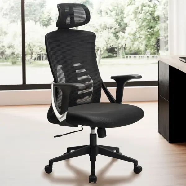 FineBuy Bürostuhl Schwarz Mesh-Bezug Schreibtischstuhl bis 120 kg mit Kopfstütze, Drehstuhl höhenverstellbar mit Lendenwirbelstütze, Stoff-Schreibtischsessel ergonomisch mit Wippfunktion