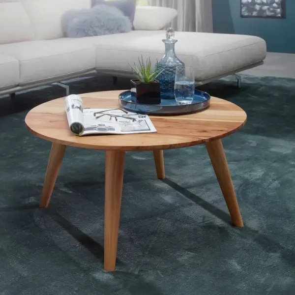 FineBuy Couchtisch Akazie Massivholz rund 75 cm · Wohnzimmertisch im skandinavischen Retro Design · Handgefertigter Holztisch mit konischen Beinen aus Vollholz