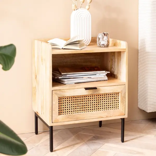 FineBuy Nachtkonsole Mango Massivholz Rattan – Nachttisch im Boho Natur Design mit Schublade & offener Ablage, Nachtkästchen ideal für Boxspringbetten – Wiener Geflecht 50x60x40 cm