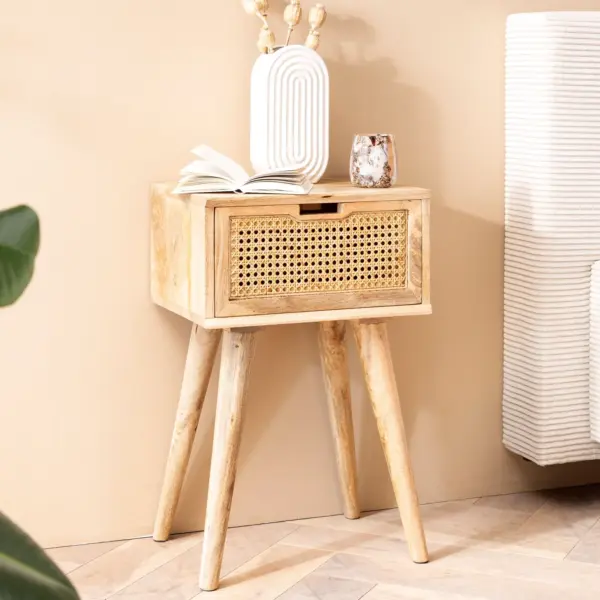 FineBuy Nachtkonsole Mango Massivholz mit Rattan & Schublade – Nachttisch im Boho & Natur Design, stabiles Nachtkästchen für Boxspringbett, handgefertigt Wiener Geflecht – 40x60x30 cm