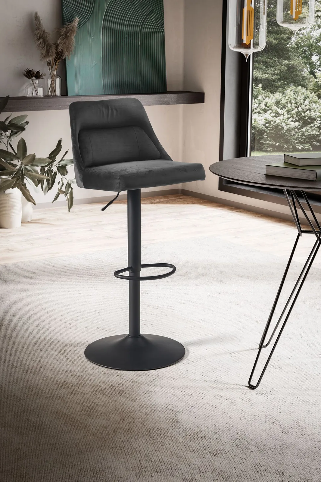 FineBuy Barhocker Samt Hocker mit Lehne 86 - 106 cm, Küchenhocker Höhenverstellbar Modern 100 kg, Design Barstuhl Tresenhocker mit Metall-Trompetenfuß, Bistrohocker Gepolstert