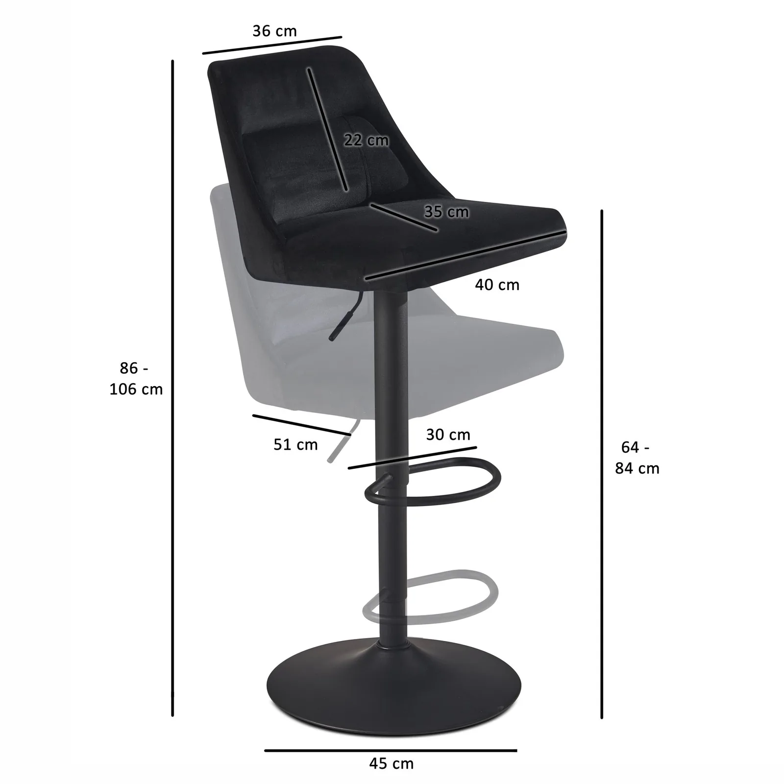 FineBuy Barhocker Samt Hocker mit Lehne 86 - 106 cm, Küchenhocker Höhenverstellbar Modern 100 kg, Design Barstuhl Tresenhocker mit Metall-Trompetenfuß, Bistrohocker Gepolstert