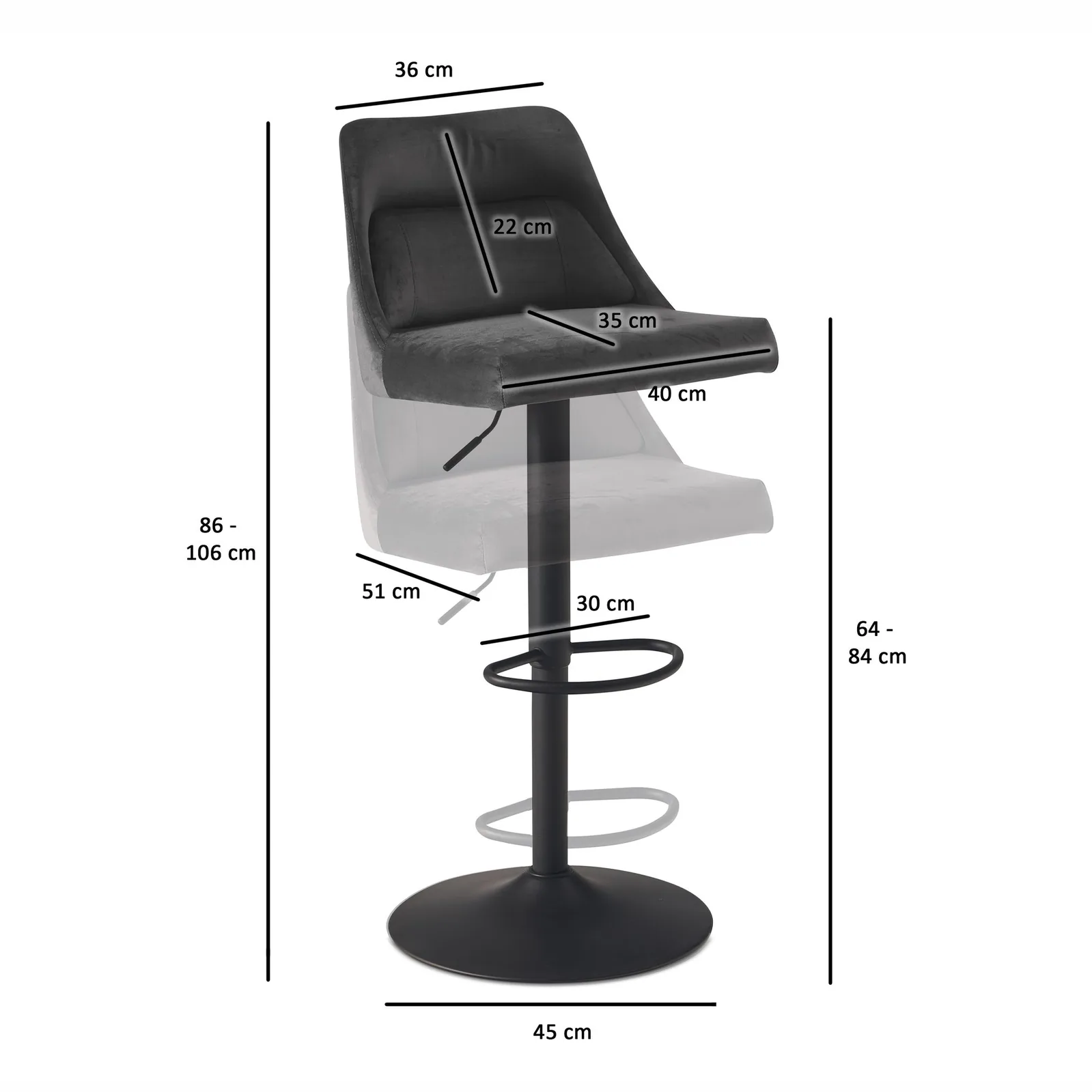 FineBuy Barhocker Samt Hocker mit Lehne 86 - 106 cm, Küchenhocker Höhenverstellbar Modern 100 kg, Design Barstuhl Tresenhocker mit Metall-Trompetenfuß, Bistrohocker Gepolstert