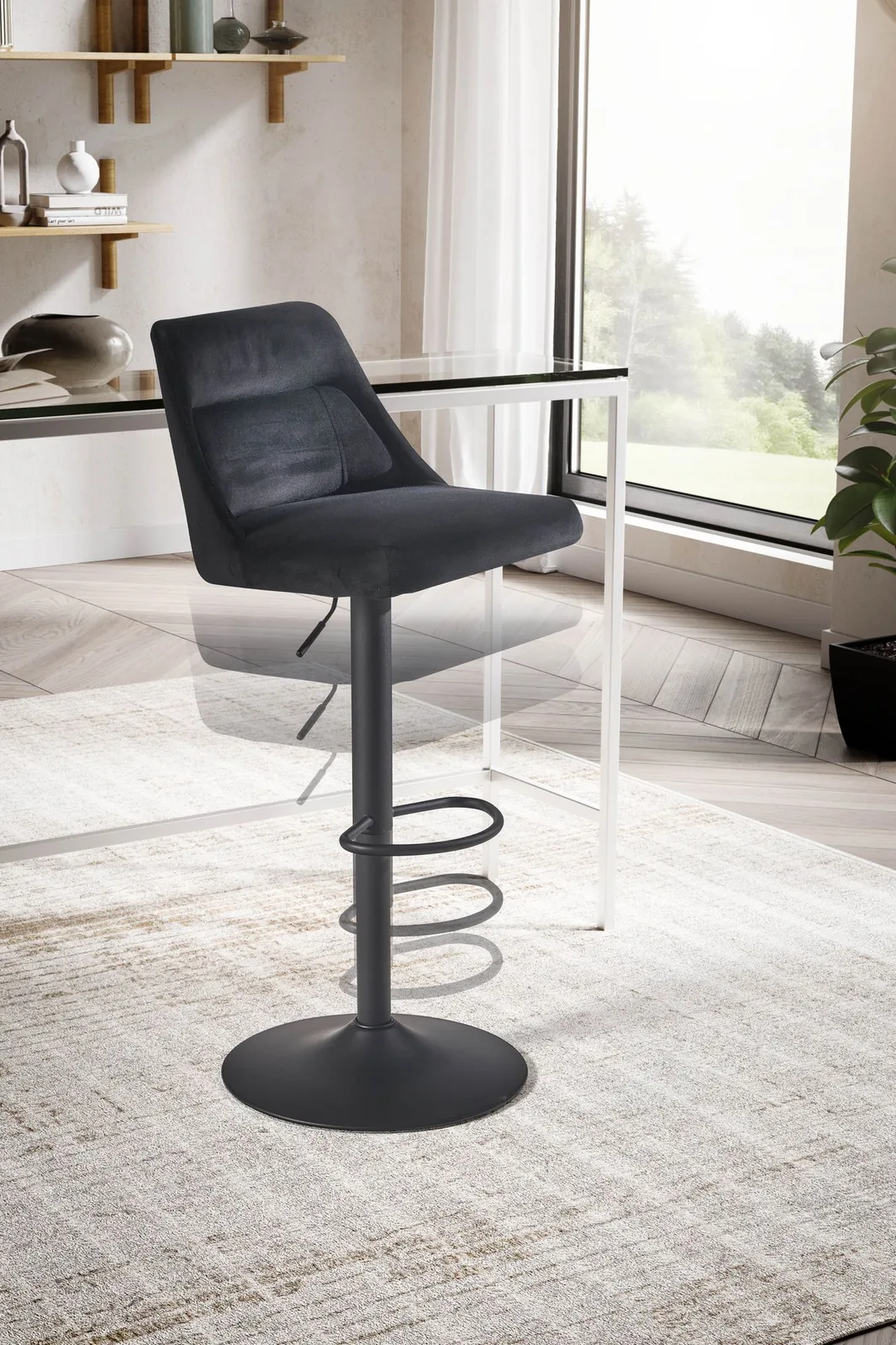 FineBuy Barhocker Samt Hocker mit Lehne 86 - 106 cm, Küchenhocker Höhenverstellbar Modern 100 kg, Design Barstuhl Tresenhocker mit Metall-Trompetenfuß, Bistrohocker Gepolstert