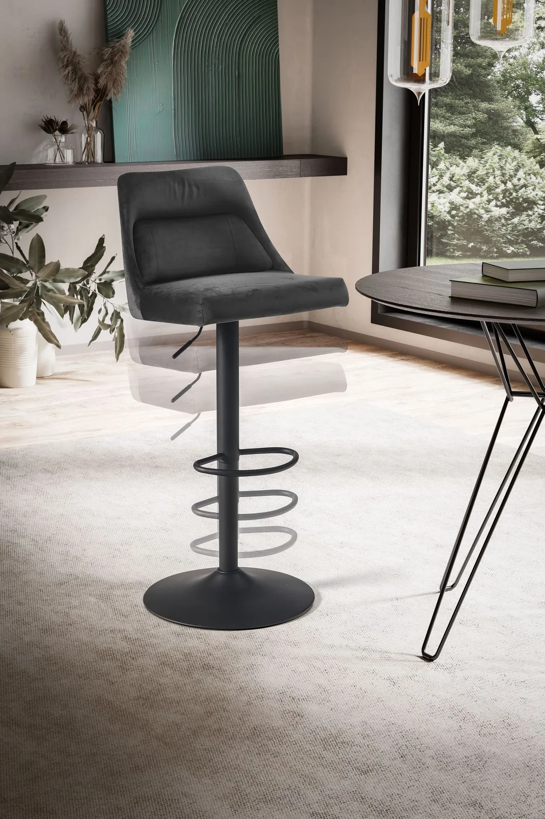 FineBuy Barhocker Samt Hocker mit Lehne 86 - 106 cm, Küchenhocker Höhenverstellbar Modern 100 kg, Design Barstuhl Tresenhocker mit Metall-Trompetenfuß, Bistrohocker Gepolstert