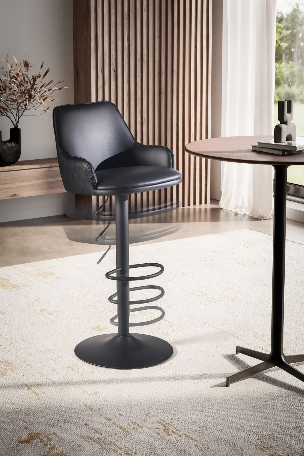 FineBuy Barhocker Kunstleder Schwarz Hocker mit Lehne 86 - 106 cm, Küchenhocker Höhenverstellbar Modern 100 kg, Barstuhl Tresenhocker mit Metall-Trompetenfuß, Bistrohocker Gepolstert mit Armlehne