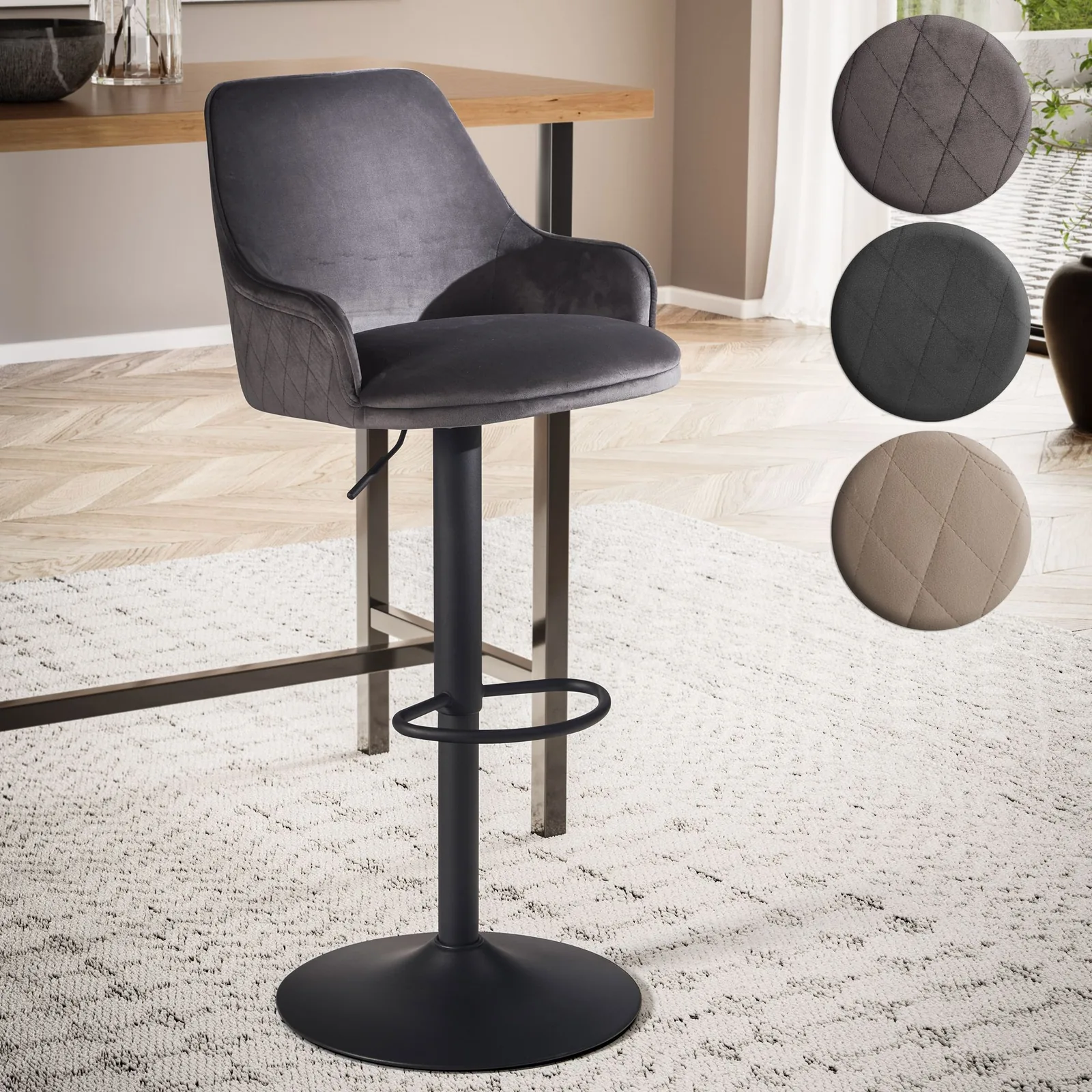 FineBuy Barhocker Samt Hocker mit Lehne 86 - 106 cm, Küchenhocker Höhenverstellbar Modern 100 kg, Barstuhl Tresenhocker mit Metall-Trompetenfuß, Bistrohocker Gepolstert mit Armlehne