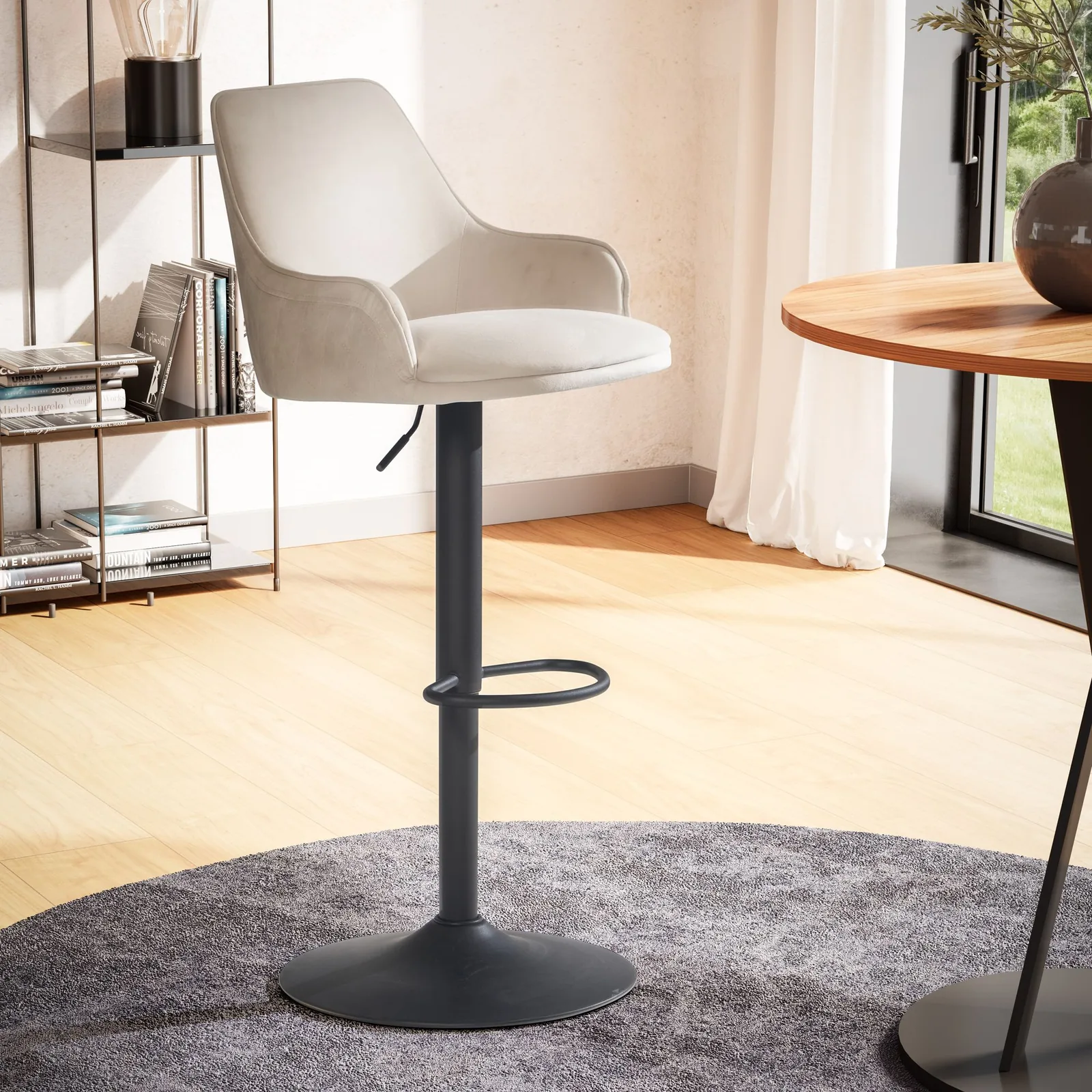 FineBuy Barhocker Samt Hocker mit Lehne 86 - 106 cm, Küchenhocker Höhenverstellbar Modern 100 kg, Barstuhl Tresenhocker mit Metall-Trompetenfuß, Bistrohocker Gepolstert mit Armlehne