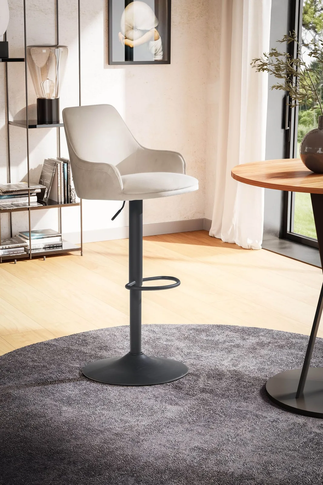 FineBuy Barhocker Samt Hocker mit Lehne 86 - 106 cm, Küchenhocker Höhenverstellbar Modern 100 kg, Barstuhl Tresenhocker mit Metall-Trompetenfuß, Bistrohocker Gepolstert mit Armlehne
