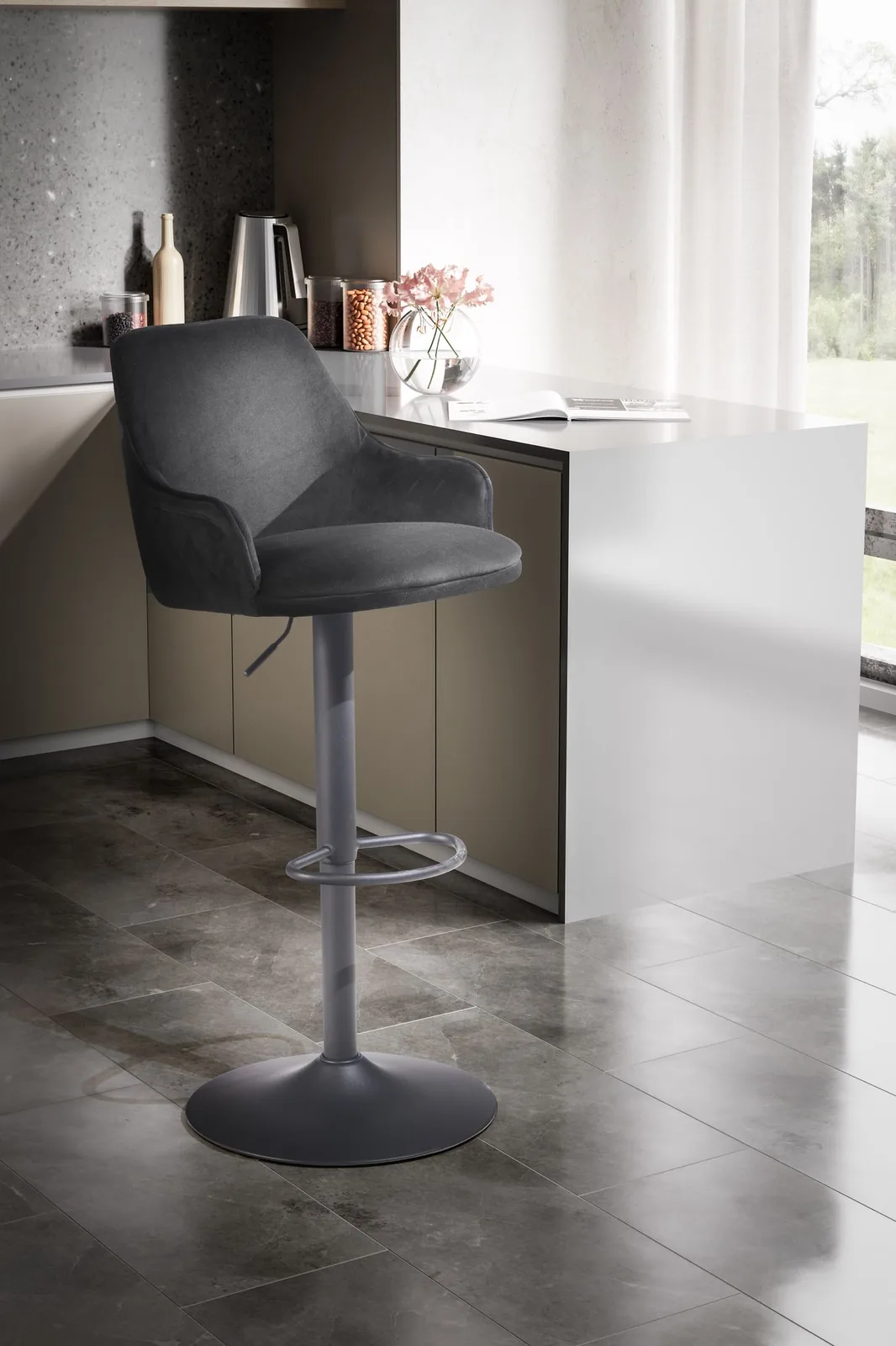 FineBuy Barhocker Samt Hocker mit Lehne 86 - 106 cm, Küchenhocker Höhenverstellbar Modern 100 kg, Barstuhl Tresenhocker mit Metall-Trompetenfuß, Bistrohocker Gepolstert mit Armlehne