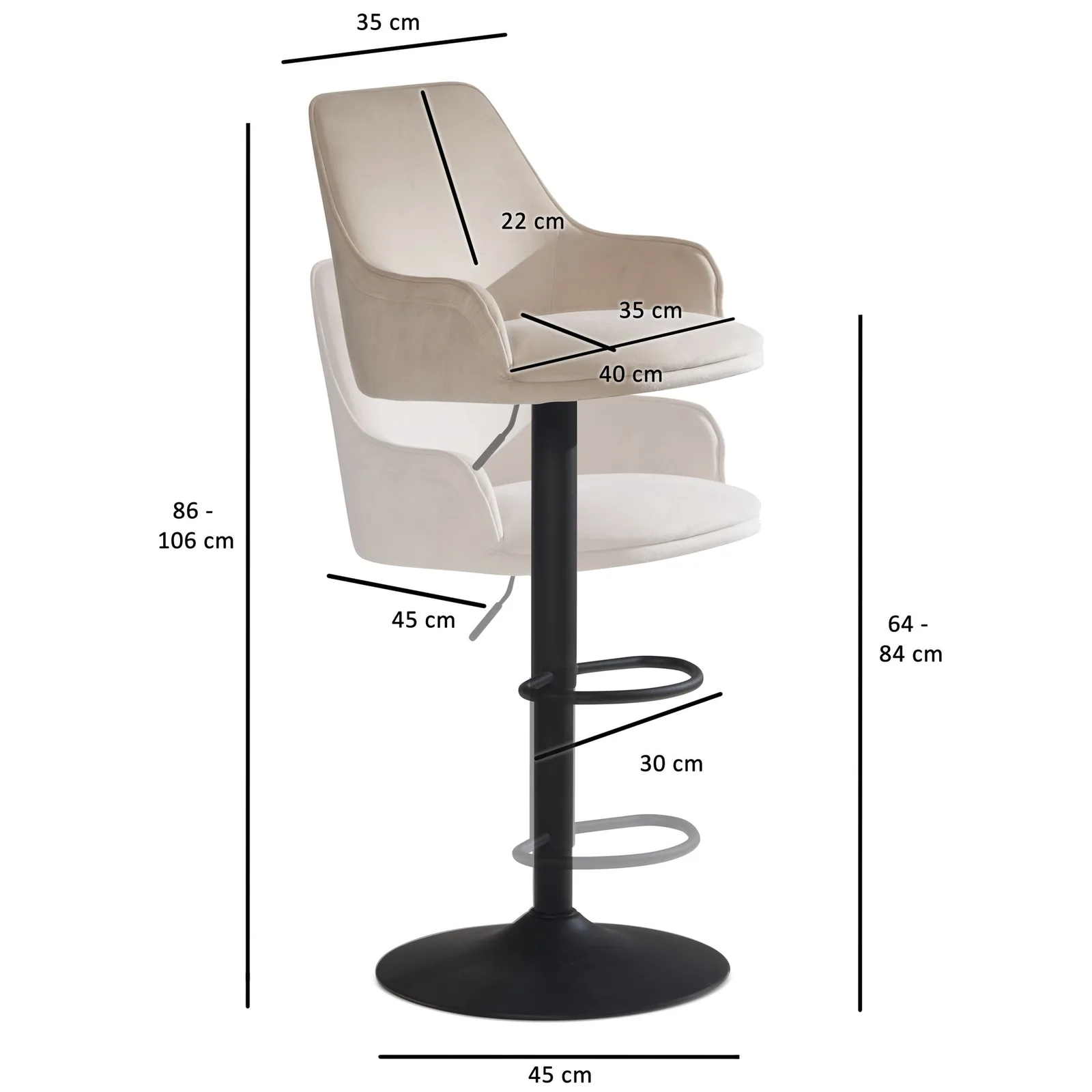 FineBuy Barhocker Samt Hocker mit Lehne 86 - 106 cm, Küchenhocker Höhenverstellbar Modern 100 kg, Barstuhl Tresenhocker mit Metall-Trompetenfuß, Bistrohocker Gepolstert mit Armlehne