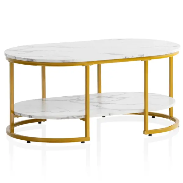 FineBuy Couchtisch 100x60x45 cm Marmor Optik, Design Wohnzimmertisch Rechteckig, Lounge Sofatisch mit Ablage, Kaffeetisch Modern mit goldenem Metallgestell