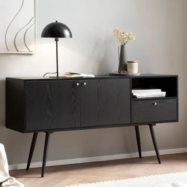 FineBuy Sideboard 140x75x40 cm Kommode Schwarz mit Eiche-Dekor Zeitlos, Hoher Kommodenschrank, Standschrank Wohnzimmer mit 2 Türen und Schublade, Anrichte mit offenem Fach