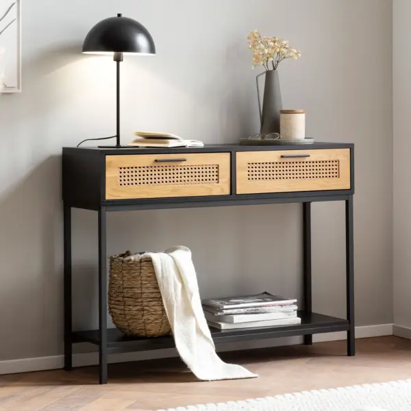 FineBuy Konsolentisch Schwarz 100x30x75 cm Design Anrichte Flur, Ablagetisch Schmal mit Wiener Geflecht, Flurtisch mit Schubladen und Ablage, Dielentisch Lang Hoch Rattan