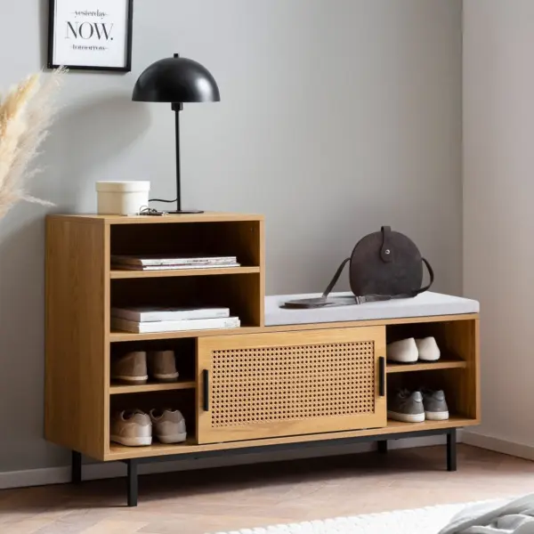 FineBuy Schuhbank mit Sitzfläche 120x75,5x40 cm Garderobenbank Eiche-Dekor, Sitzbank Rattan Klein Gepolstert, Bank Schmal Flur mit Stauraum, Flurbank Wiener Geflecht, Flurmöbel mit Schiebetür