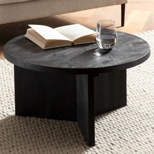 FineBuy Couchtisch Mango Massivholz rund Ø 60 cm Schwarz · Moderner Wohnzimmertisch mit strukturierter Oberfläche · Handgefertigter Sofatisch mit markantem Holzgestell