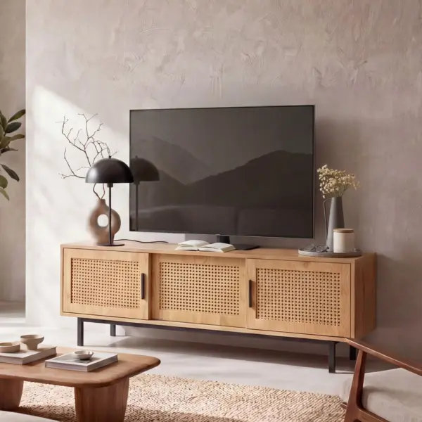 FineBuy Lowboard Eiche-Dekor mit Wiener Geflecht 120x45,5x40 cm TV-Kommode Zeitlos mit Schiebe-Türen, Design TV-Schrank Hoch, Fernsehtisch Fernsehschrank, Fernsehkommode Wohnzimmer Rattan