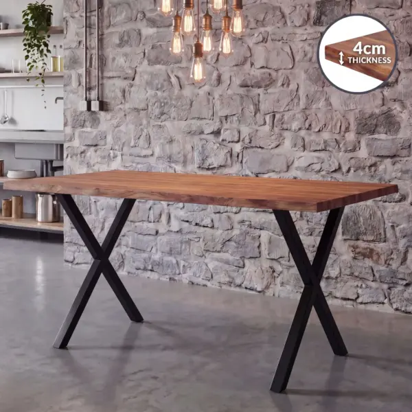 FineBuy Esszimmertisch 120 x 60cm rechteckig Massivholz Akazie 4cm Baumkante - Industrial Esstisch Baumstamm Massiv Echtholz - Küchentisch - Baumkantentisch mit schwarzem X-Gestell