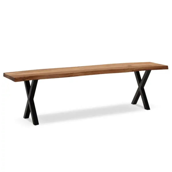 FineBuy Esszimmerbank Akazie Massivholz / Metall mit Baumkante, Esstischbank Modern, Holzbank Massiv ohne Lehne, Küchenbank Essbank mit X-Beinen, Sitzbank Esszimmer