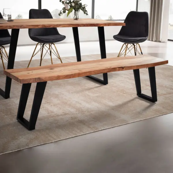 FineBuy Esszimmerbank Akazie Massivholz / Metall mit Baumkante, Esstischbank Modern, Holzbank Massiv ohne Lehne, Küchenbank Essbank mit U-Beinen, Sitzbank Esszimmer