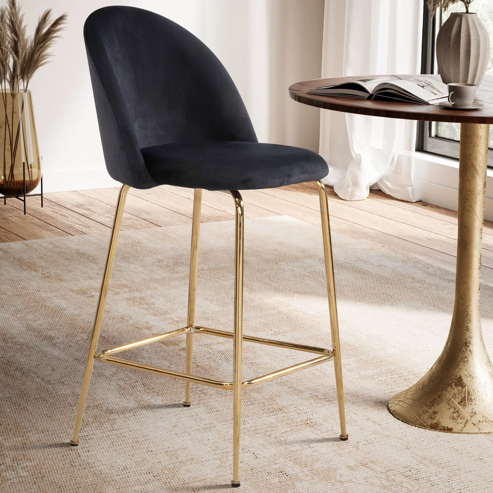 FineBuy 2er Set Barhocker Samt Hocker mit Lehne & goldenen Beinen, Küchenhocker Skandinavisch Stoff / Metall 110 kg, Design Barstuhl Tresenhocker, Bistrohocker Gepolstert