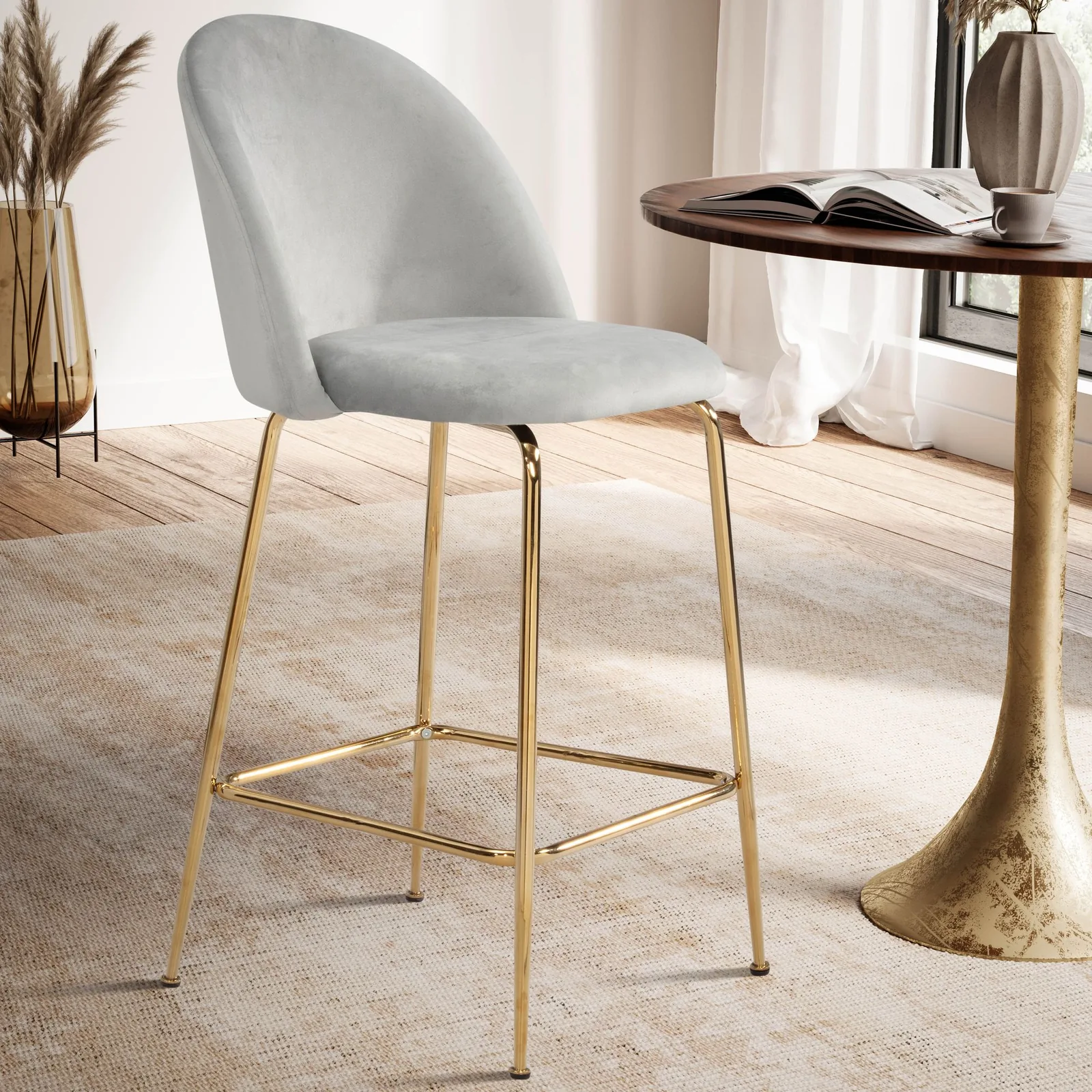 FineBuy 2er Set Barhocker Samt Hocker mit Lehne & goldenen Beinen, Küchenhocker Skandinavisch Stoff / Metall 110 kg, Design Barstuhl Tresenhocker, Bistrohocker Gepolstert