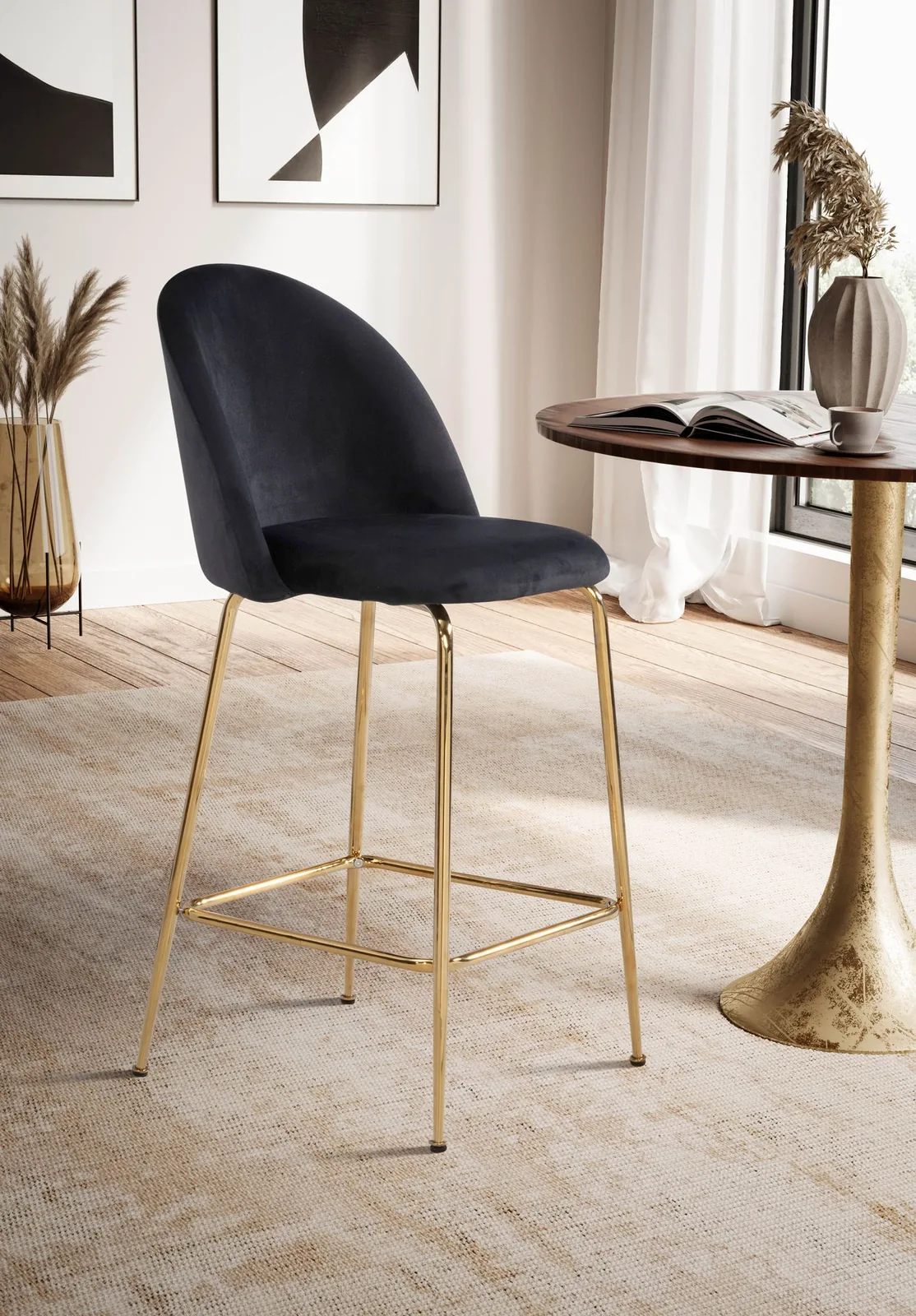 FineBuy 2er Set Barhocker Samt Hocker mit Lehne & goldenen Beinen, Küchenhocker Skandinavisch Stoff / Metall 110 kg, Design Barstuhl Tresenhocker, Bistrohocker Gepolstert