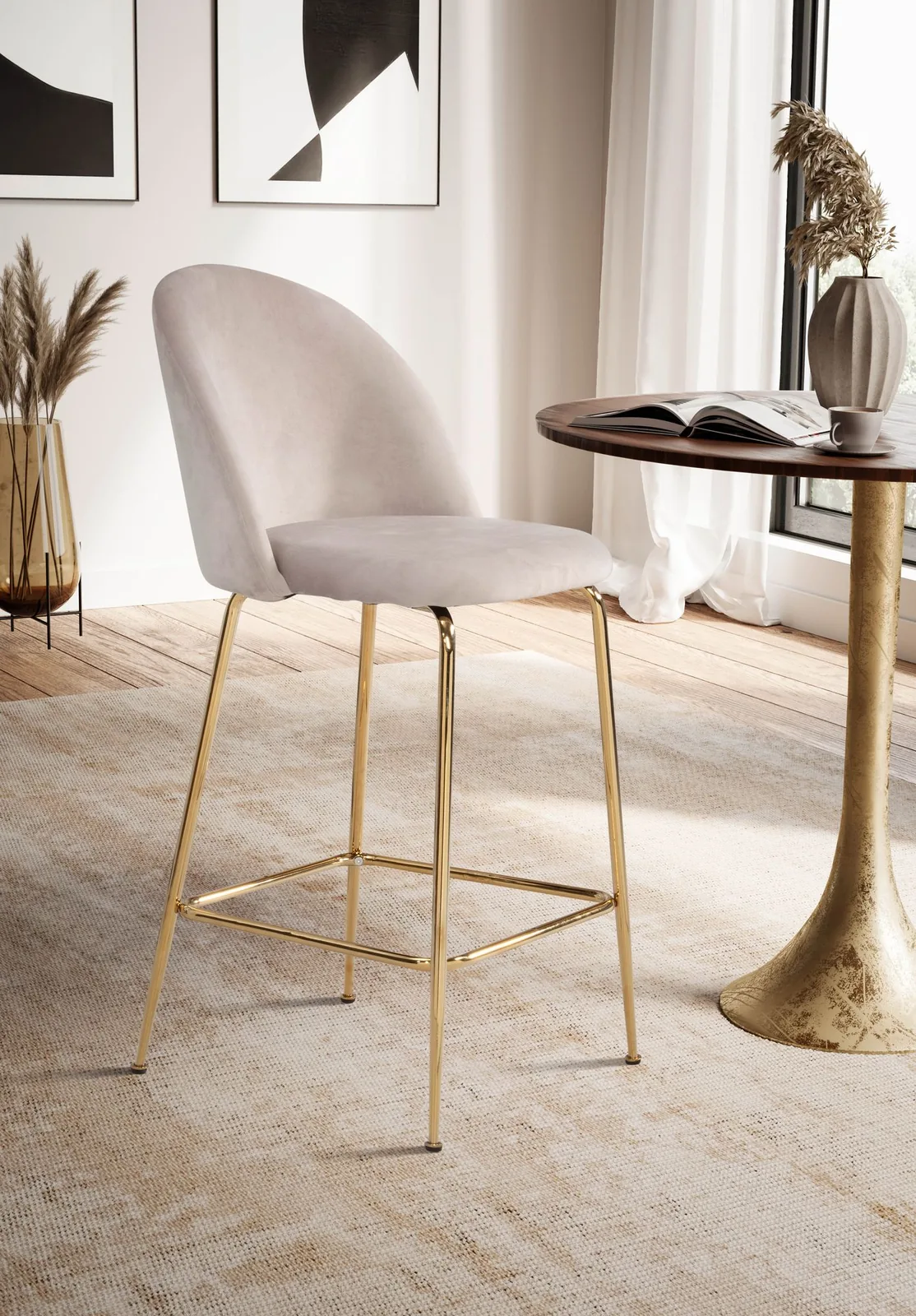 FineBuy 2er Set Barhocker Samt Hocker mit Lehne & goldenen Beinen, Küchenhocker Skandinavisch Stoff / Metall 110 kg, Design Barstuhl Tresenhocker, Bistrohocker Gepolstert
