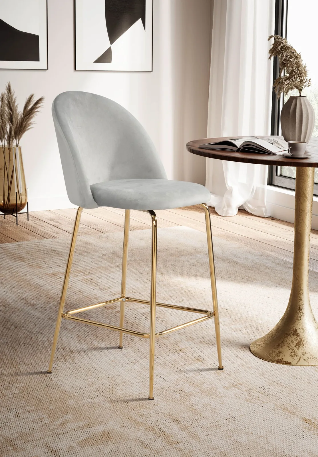 FineBuy 2er Set Barhocker Samt Hocker mit Lehne & goldenen Beinen, Küchenhocker Skandinavisch Stoff / Metall 110 kg, Design Barstuhl Tresenhocker, Bistrohocker Gepolstert