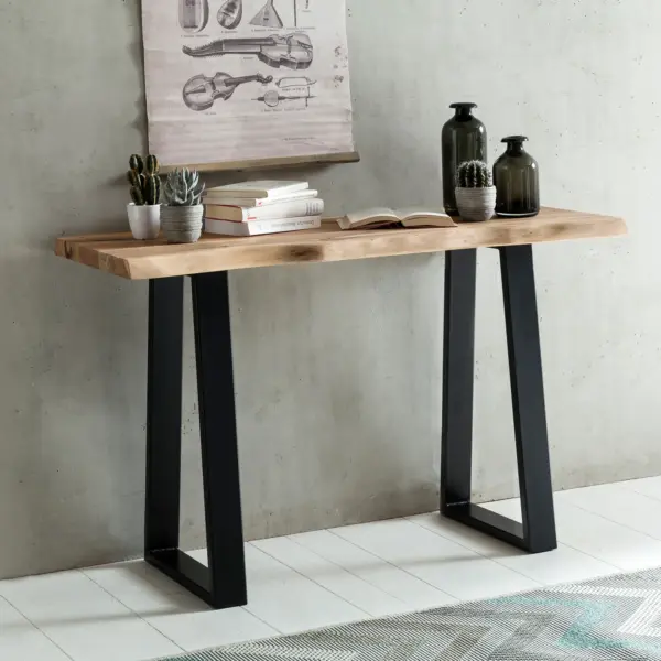 Massiver Konsolentisch GAYA 120 x 45 cm Akazie Massiv Holz Baumkante mit Metallbeinen, Schmaler Design Schreibtisch Baumstamm, MassivholzTisch Konsole