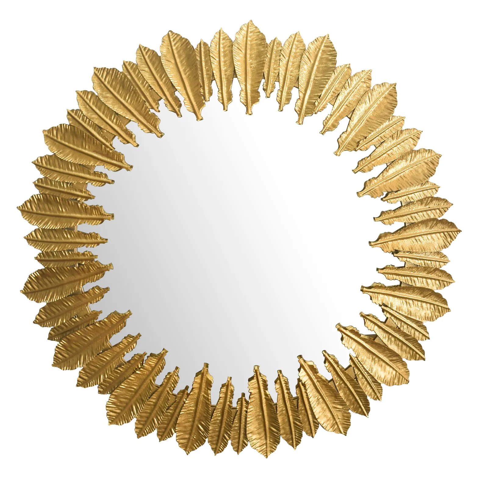 FineBuy Wandspiegel Federn 68 cm Metall Design Hängespiegel Gold, Eisen Dekospiegel Rund, Spiegel Wand Groß, Flurspiegel Garderobenspiegel Modern