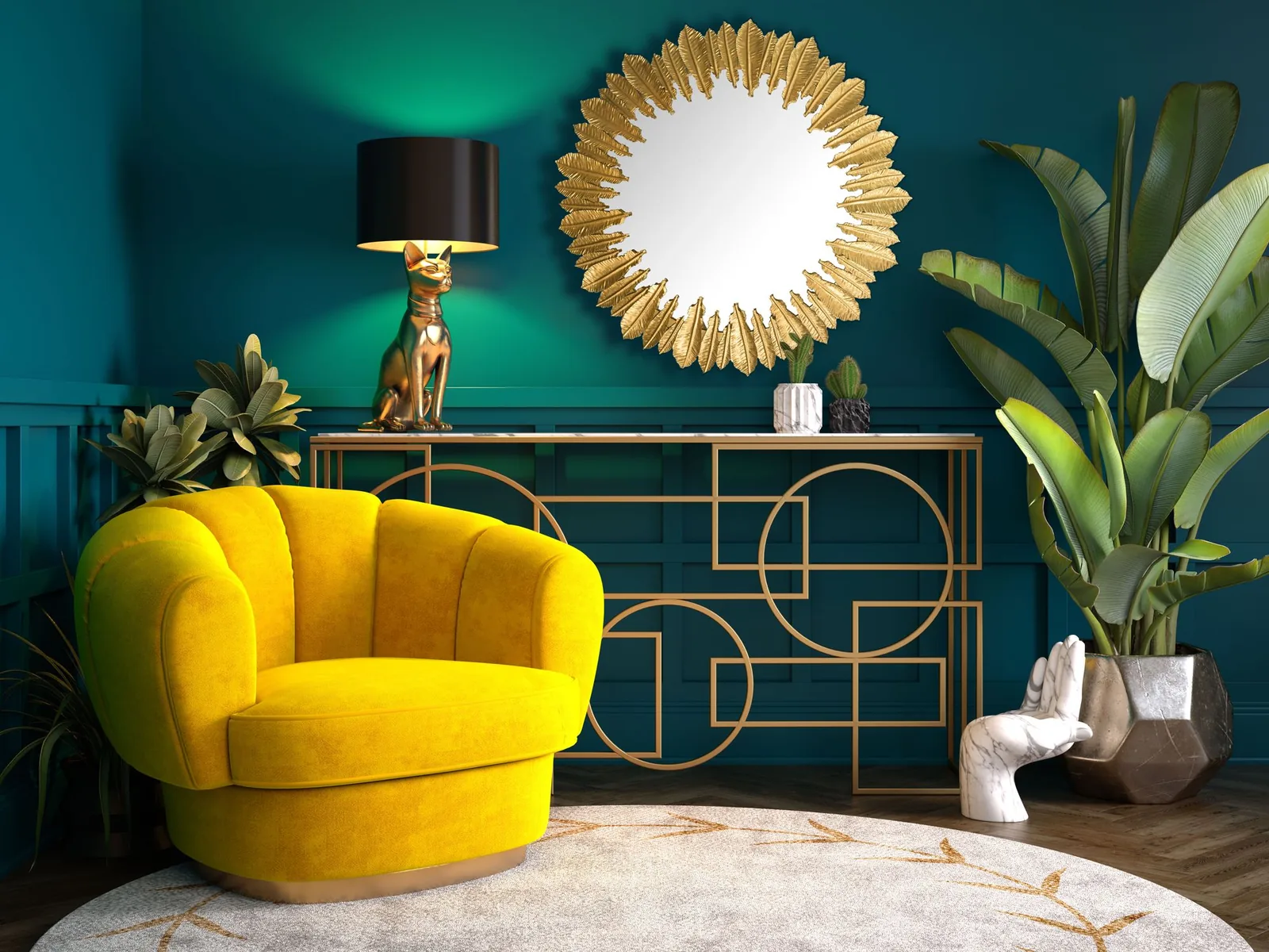 FineBuy Wandspiegel Federn 68 cm Metall Design Hängespiegel Gold, Eisen Dekospiegel Rund, Spiegel Wand Groß, Flurspiegel Garderobenspiegel Modern