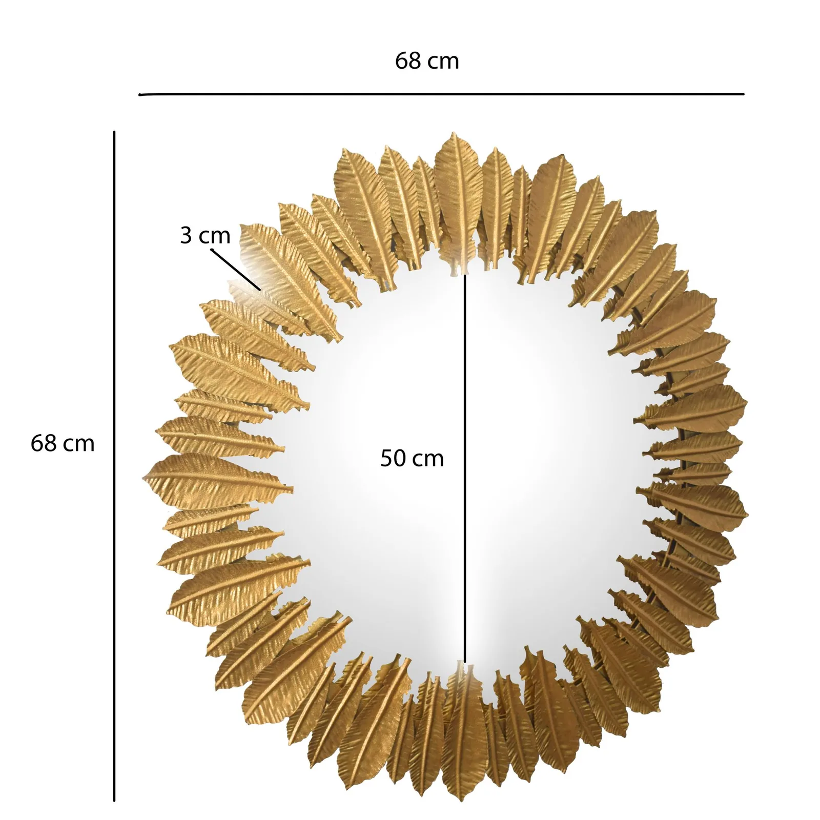 FineBuy Wandspiegel Federn 68 cm Metall Design Hängespiegel Gold, Eisen Dekospiegel Rund, Spiegel Wand Groß, Flurspiegel Garderobenspiegel Modern