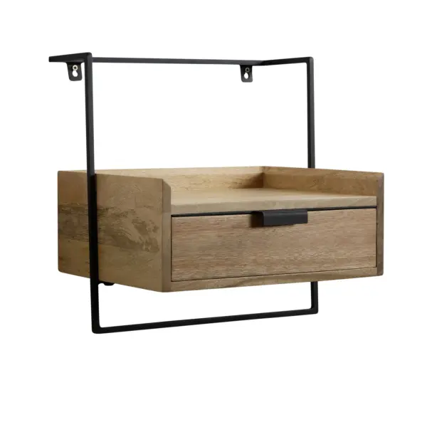 FineBuy Nachtkonsole zur Wandmontage aus Mango Massivholz mit Schublade – schwebender Nachttisch, modernes Wandboard mit Stauraum fürs Schlafzimmer – Nachtkästchen 44x45x35 cm