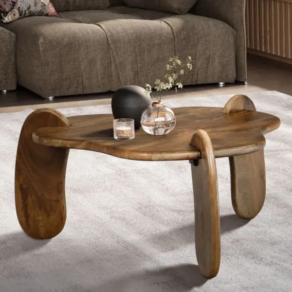 FineBuy Couchtisch Mango Massivholz Ø 78 cm Walnussfarben · Design Wohnzimmertisch in organischer Form · Handgefertigter Sofatisch