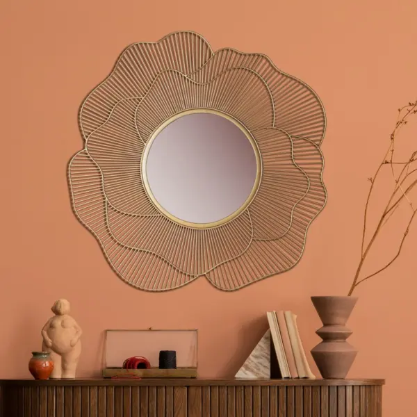 FineBuy Design Wandspiegel rund gold 77 cm groß - Flur Spiegel mit Goldrahmen Blüten - Dekospiegel modern für die Wand - Garderobenspiegel
