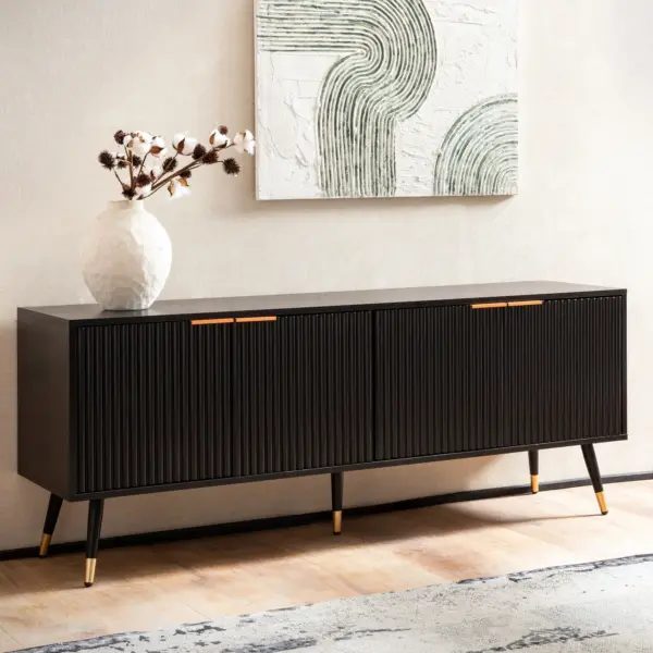 FineBuy Lowboard Schwarz mit Eiche-Dekor 150x60x39 cm TV-Kommode Modern, Design TV-Schrank Hoch, Fernsehtisch Fernsehschrank mit Türen, Fernsehkommode Wohnzimmer