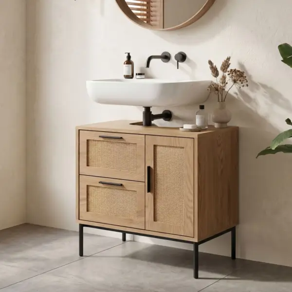 FineBuy Waschbeckenunterschrank Eiche-Optik 60x60x40 cm mit Tür und Schubladen, Badezimmerschrank mit Rattangeflecht, Unterschrank Stehend, Badschrank Midischrank Klein Waschtisch